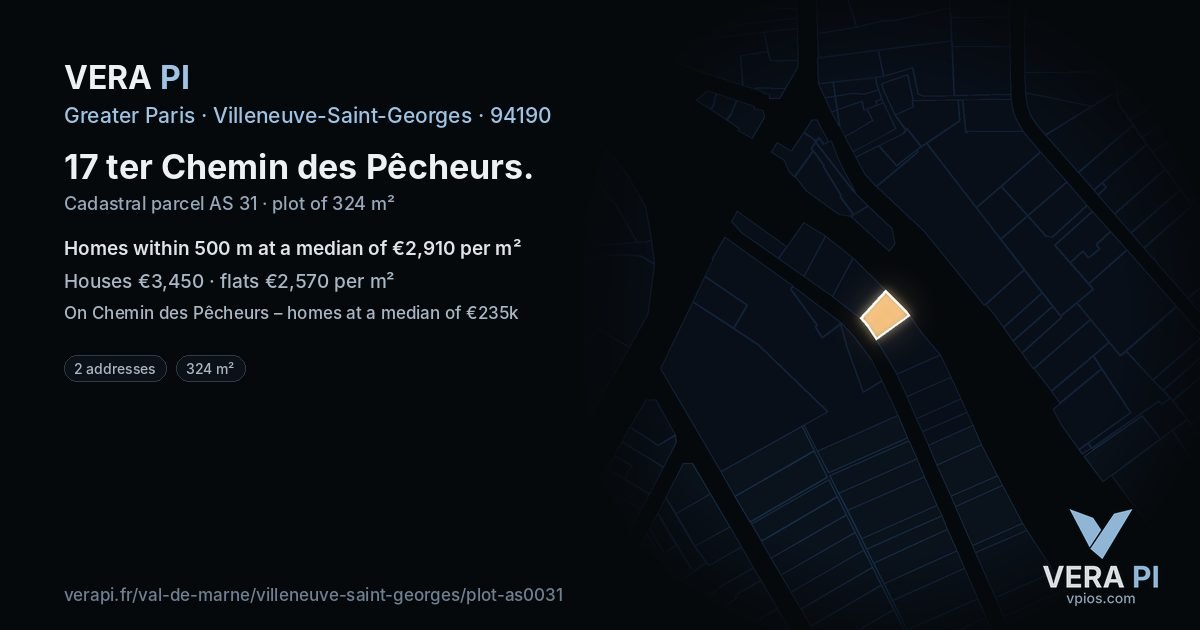 17 ter Chemin des Pêcheurs, Villeneuve-Saint-Georges at night – the plot lit, the parcels around coloured by the prices near them