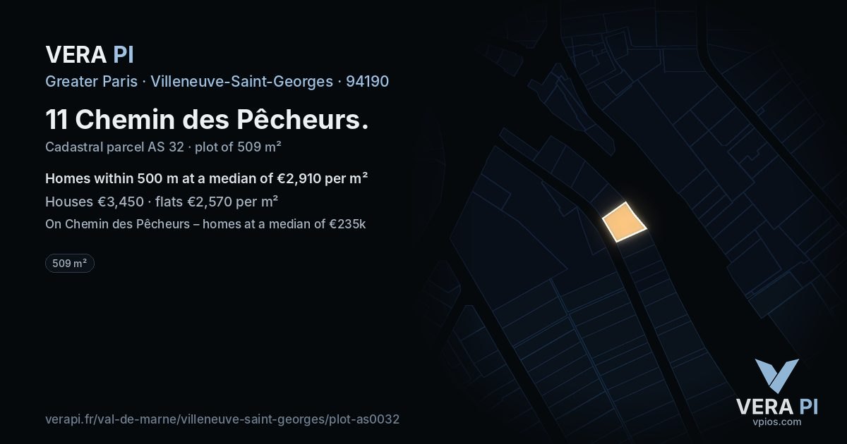 11 Chemin des Pêcheurs, Villeneuve-Saint-Georges at night – the plot lit, the parcels around coloured by the prices near them