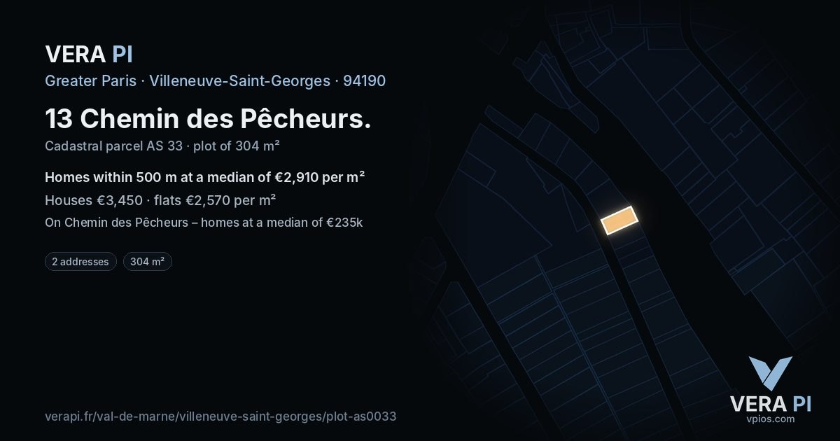 13 Chemin des Pêcheurs, Villeneuve-Saint-Georges at night – the plot lit, the parcels around coloured by the prices near them