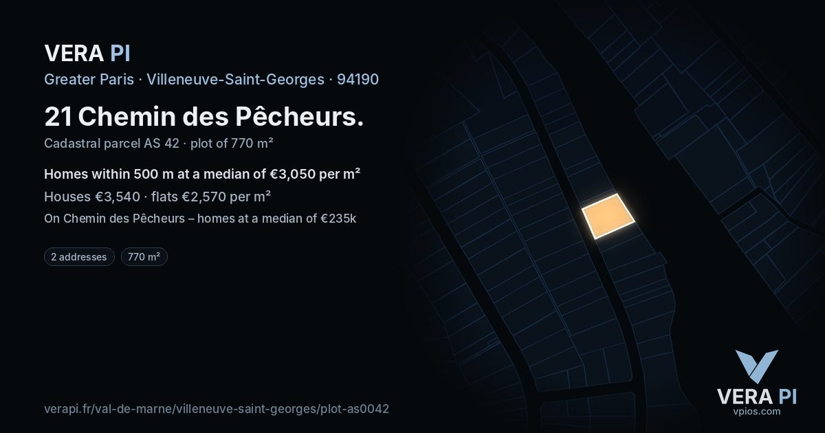 21 Chemin des Pêcheurs, Villeneuve-Saint-Georges at night – the plot lit, the parcels around coloured by the prices near them