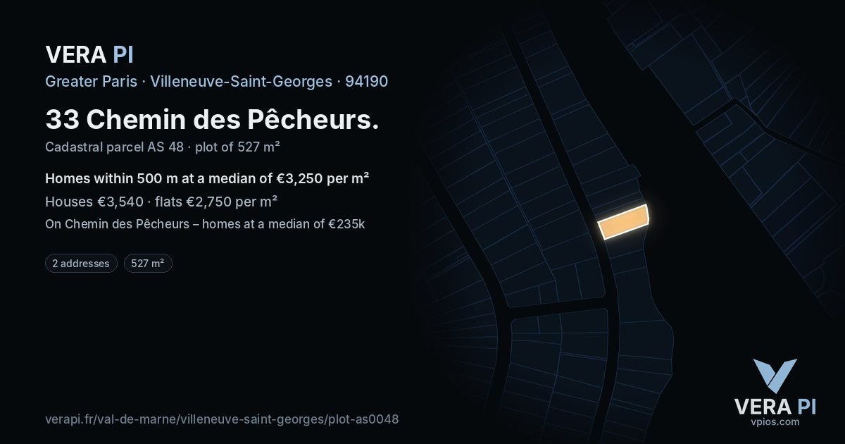 33 Chemin des Pêcheurs, Villeneuve-Saint-Georges at night – the plot lit, the parcels around coloured by the prices near them