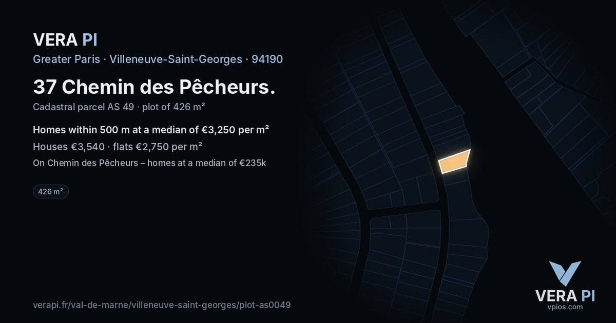 37 Chemin des Pêcheurs, Villeneuve-Saint-Georges at night – the plot lit, the parcels around coloured by the prices near them