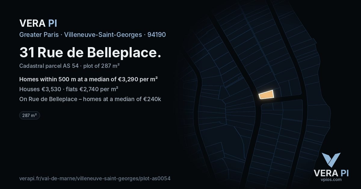 31 Rue de Belleplace, Villeneuve-Saint-Georges at night – the plot lit, the parcels around coloured by the prices near them
