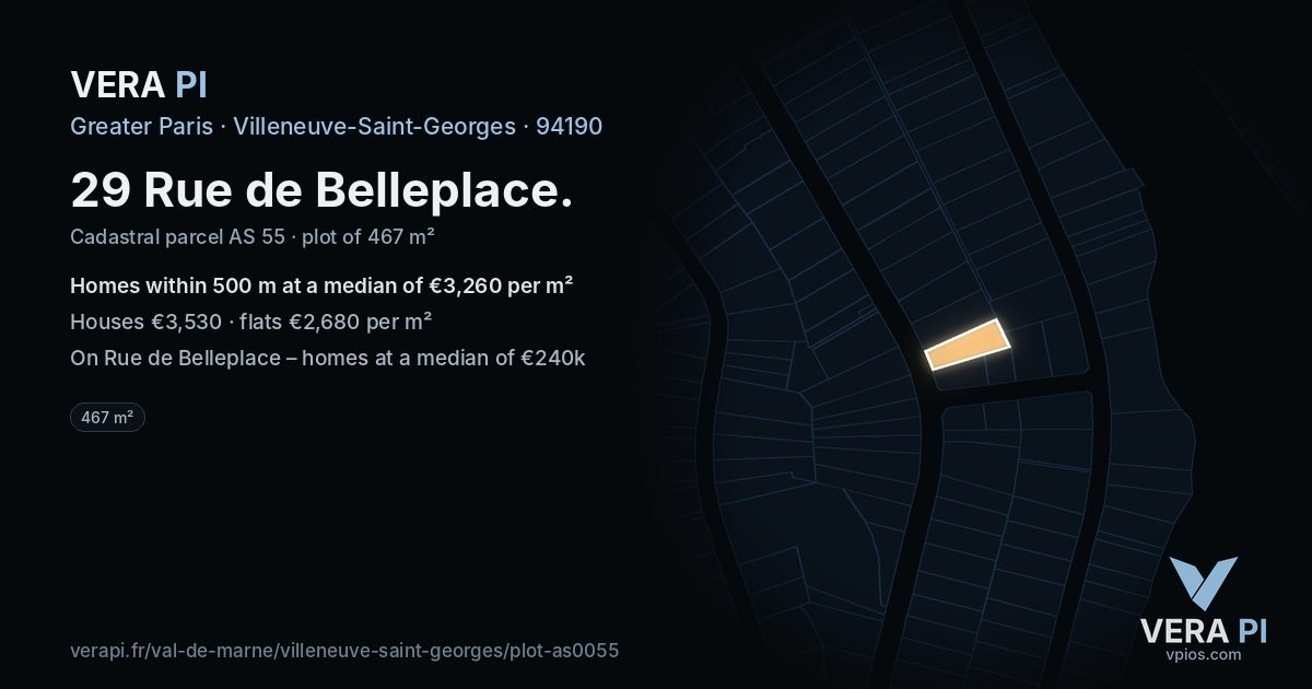 29 Rue de Belleplace, Villeneuve-Saint-Georges at night – the plot lit, the parcels around coloured by the prices near them