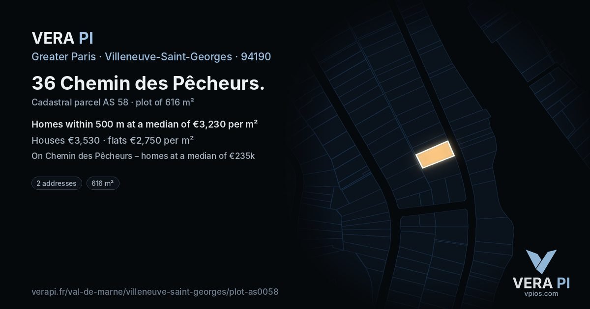 36 Chemin des Pêcheurs, Villeneuve-Saint-Georges at night – the plot lit, the parcels around coloured by the prices near them