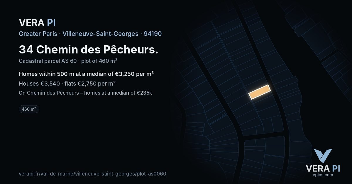34 Chemin des Pêcheurs, Villeneuve-Saint-Georges at night – the plot lit, the parcels around coloured by the prices near them