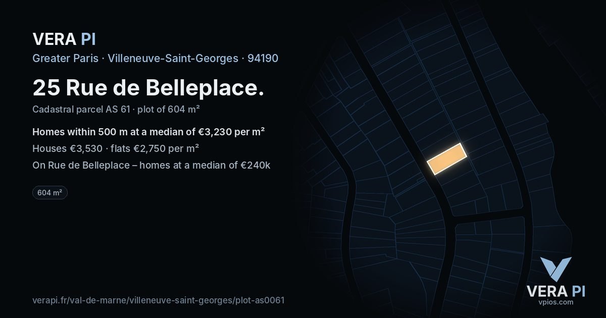 25 Rue de Belleplace, Villeneuve-Saint-Georges at night – the plot lit, the parcels around coloured by the prices near them