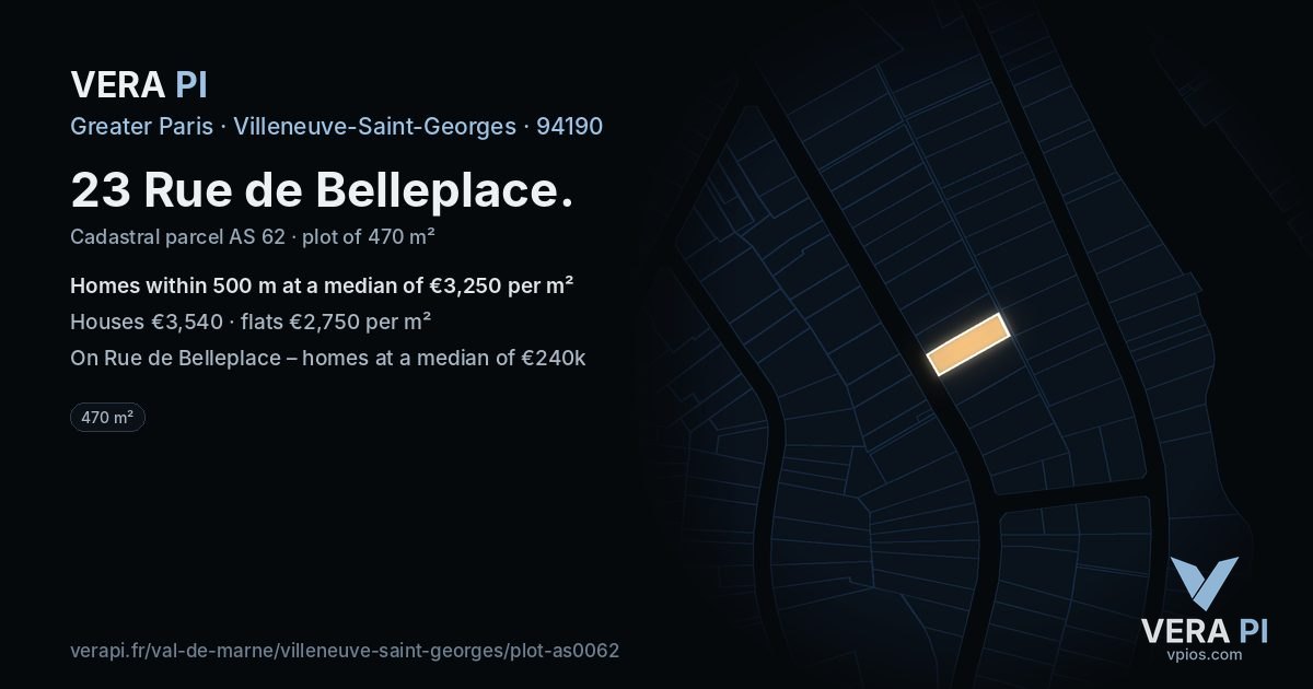 23 Rue de Belleplace, Villeneuve-Saint-Georges at night – the plot lit, the parcels around coloured by the prices near them