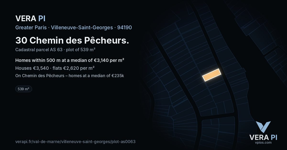 30 Chemin des Pêcheurs, Villeneuve-Saint-Georges at night – the plot lit, the parcels around coloured by the prices near them