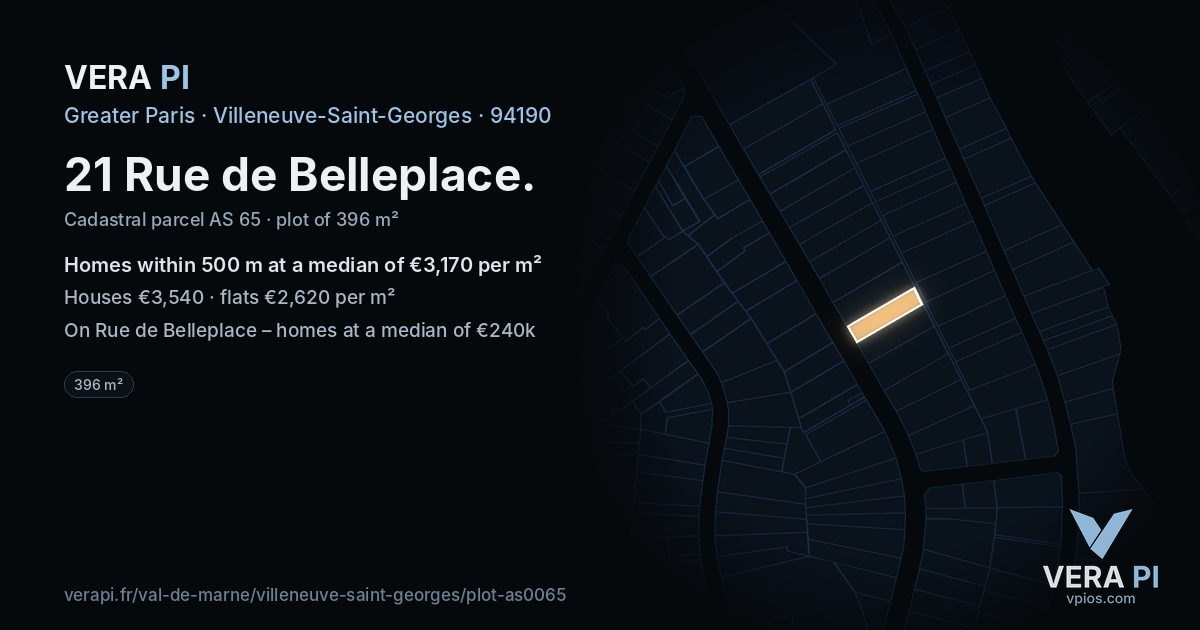 21 Rue de Belleplace, Villeneuve-Saint-Georges at night – the plot lit, the parcels around coloured by the prices near them