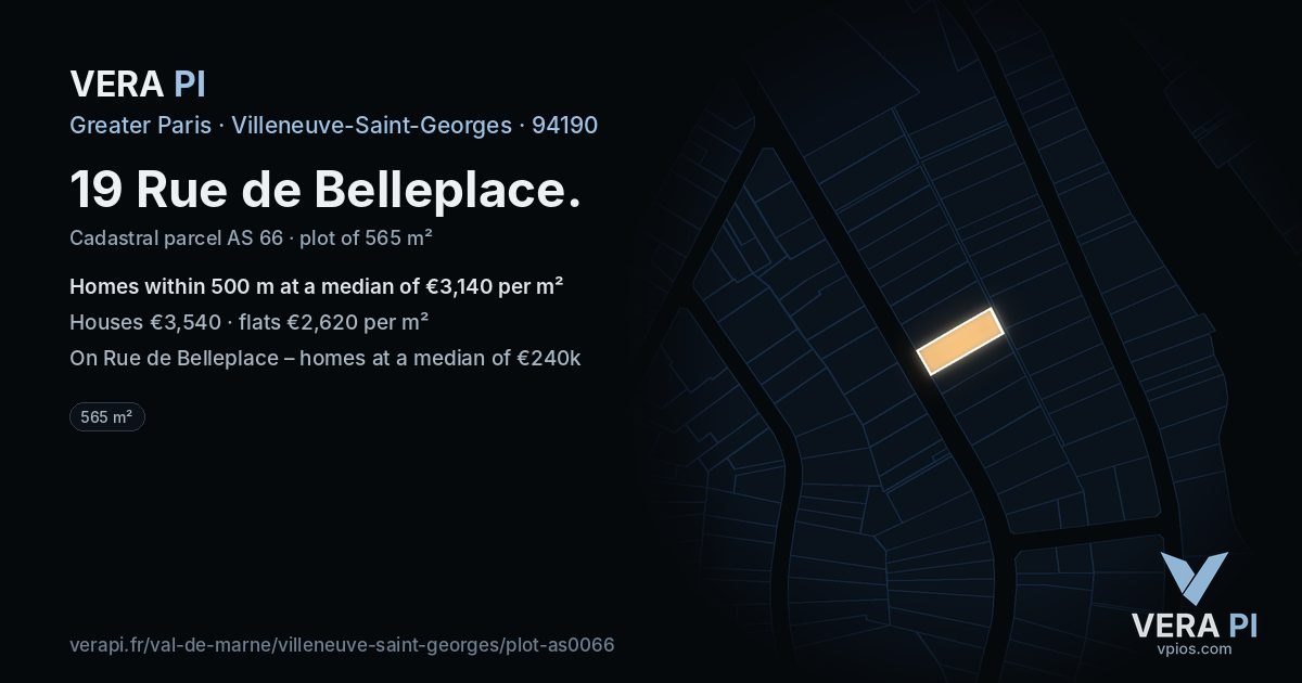 19 Rue de Belleplace, Villeneuve-Saint-Georges at night – the plot lit, the parcels around coloured by the prices near them