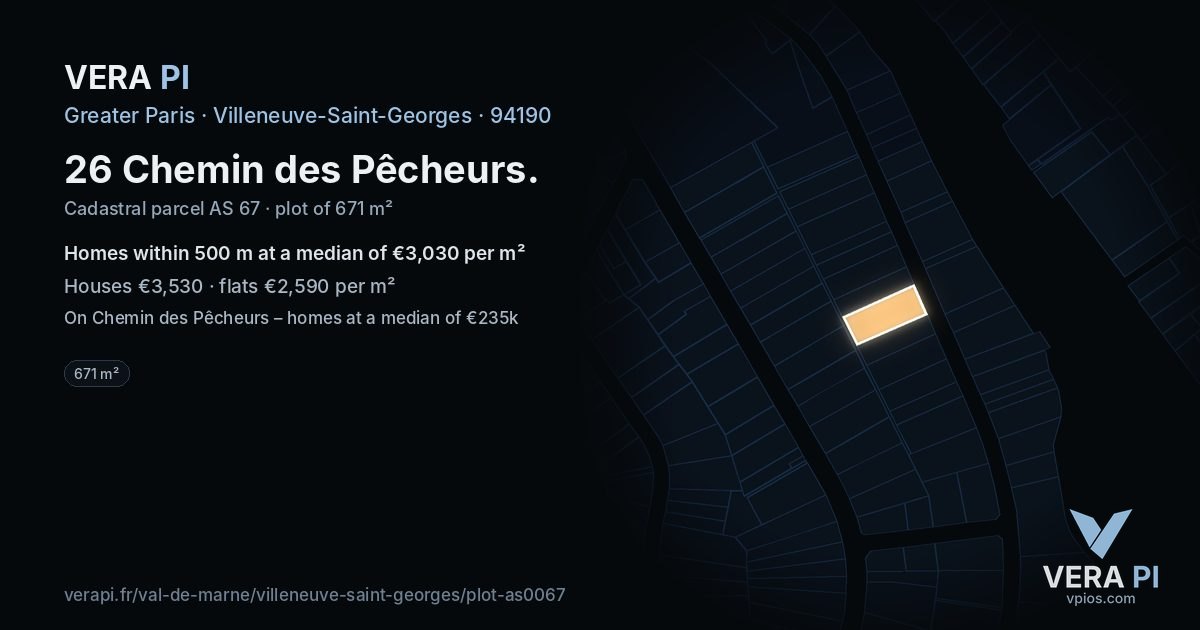 26 Chemin des Pêcheurs, Villeneuve-Saint-Georges at night – the plot lit, the parcels around coloured by the prices near them