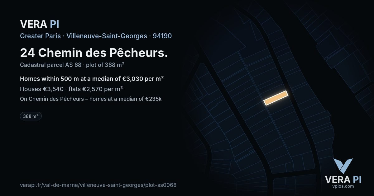24 Chemin des Pêcheurs, Villeneuve-Saint-Georges at night – the plot lit, the parcels around coloured by the prices near them