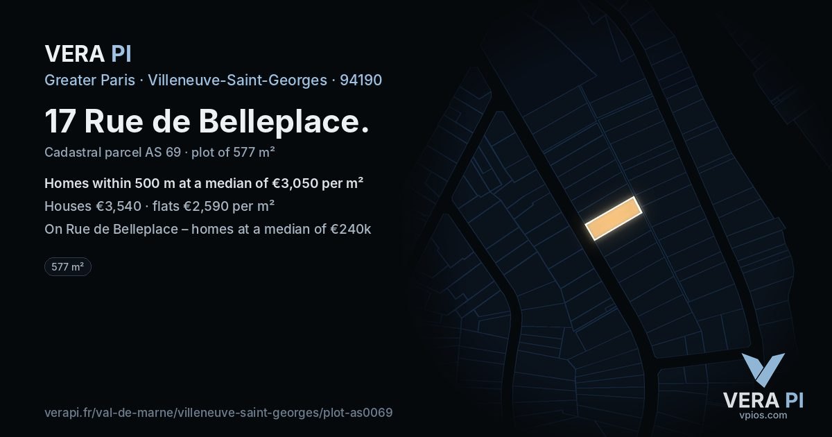 17 Rue de Belleplace, Villeneuve-Saint-Georges at night – the plot lit, the parcels around coloured by the prices near them