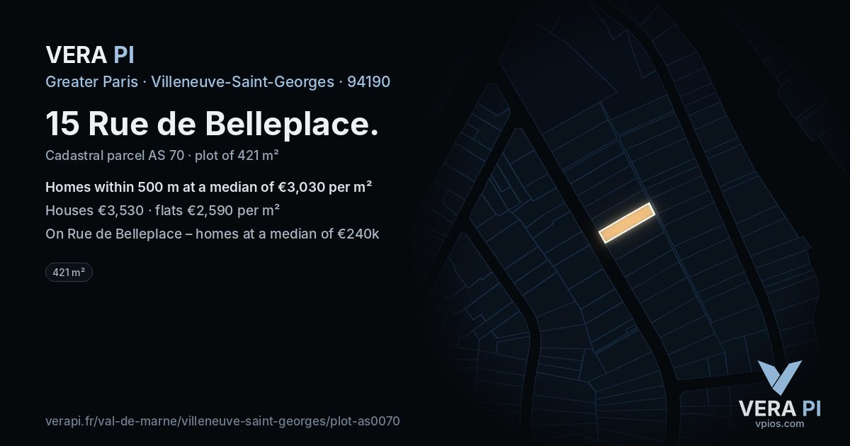 15 Rue de Belleplace, Villeneuve-Saint-Georges at night – the plot lit, the parcels around coloured by the prices near them