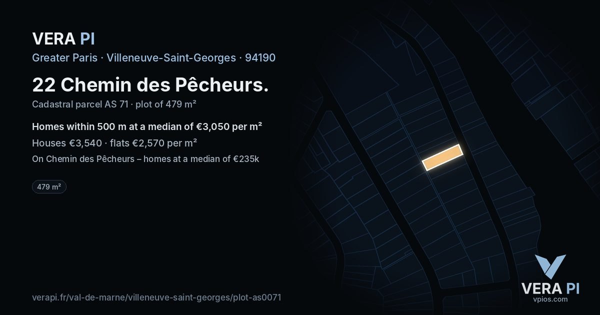 22 Chemin des Pêcheurs, Villeneuve-Saint-Georges at night – the plot lit, the parcels around coloured by the prices near them