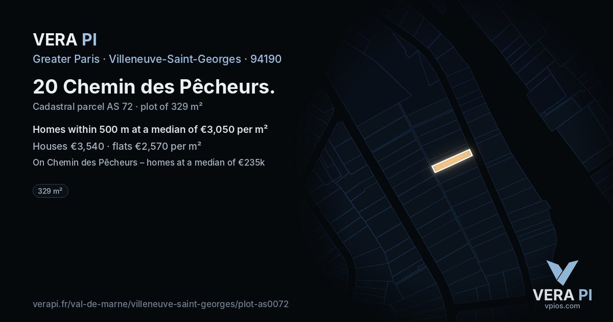 20 Chemin des Pêcheurs, Villeneuve-Saint-Georges at night – the plot lit, the parcels around coloured by the prices near them