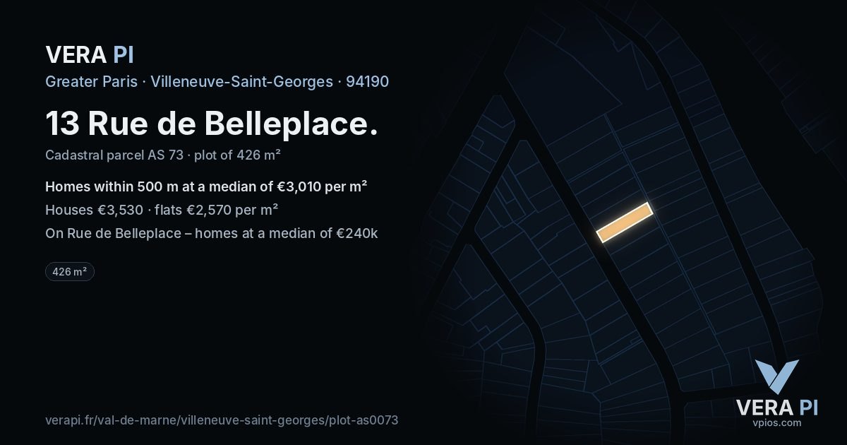 13 Rue de Belleplace, Villeneuve-Saint-Georges at night – the plot lit, the parcels around coloured by the prices near them