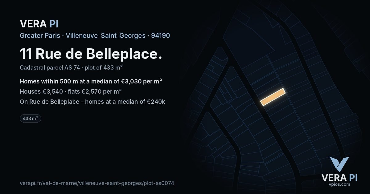 11 Rue de Belleplace, Villeneuve-Saint-Georges at night – the plot lit, the parcels around coloured by the prices near them