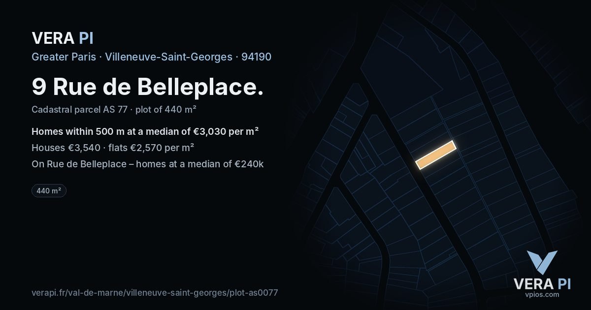 9 Rue de Belleplace, Villeneuve-Saint-Georges at night – the plot lit, the parcels around coloured by the prices near them