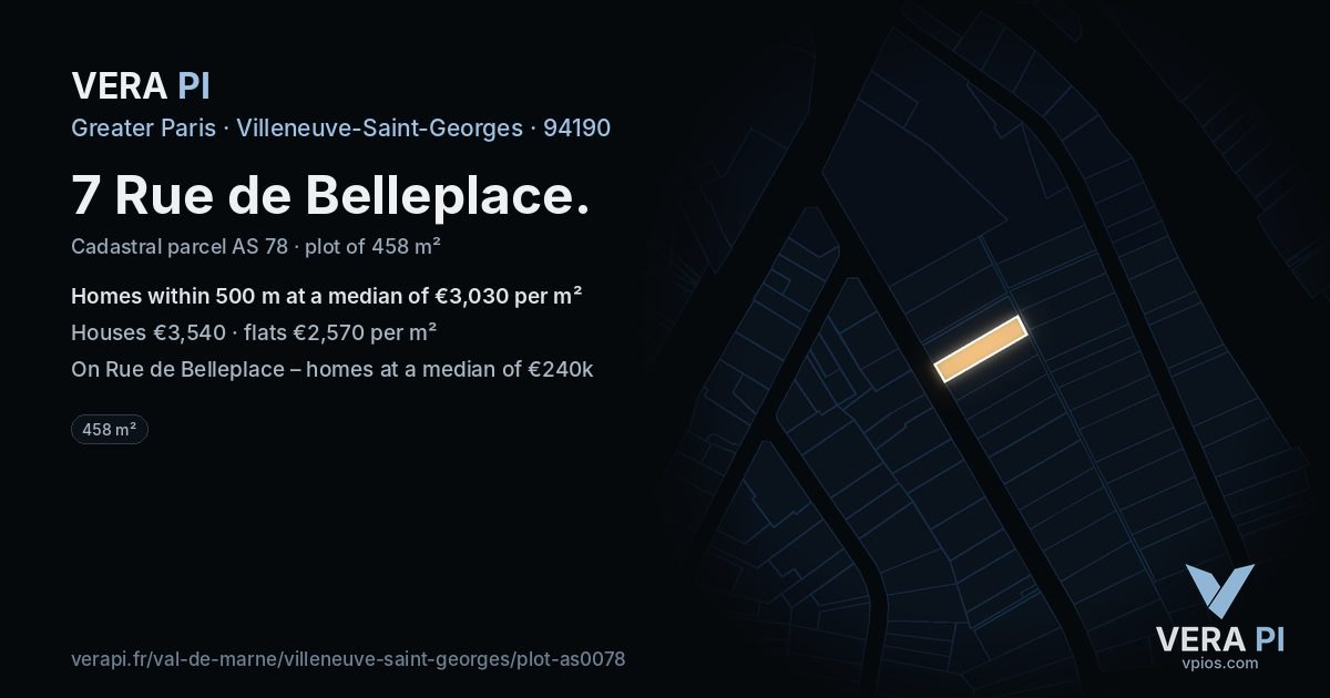 7 Rue de Belleplace, Villeneuve-Saint-Georges at night – the plot lit, the parcels around coloured by the prices near them