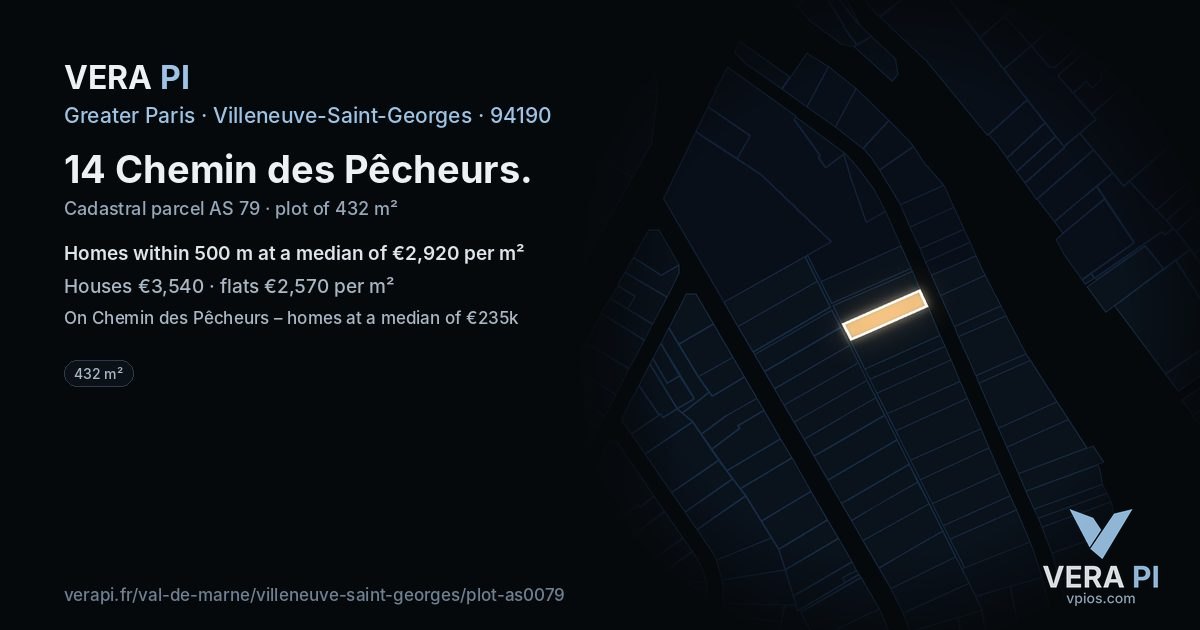 14 Chemin des Pêcheurs, Villeneuve-Saint-Georges at night – the plot lit, the parcels around coloured by the prices near them