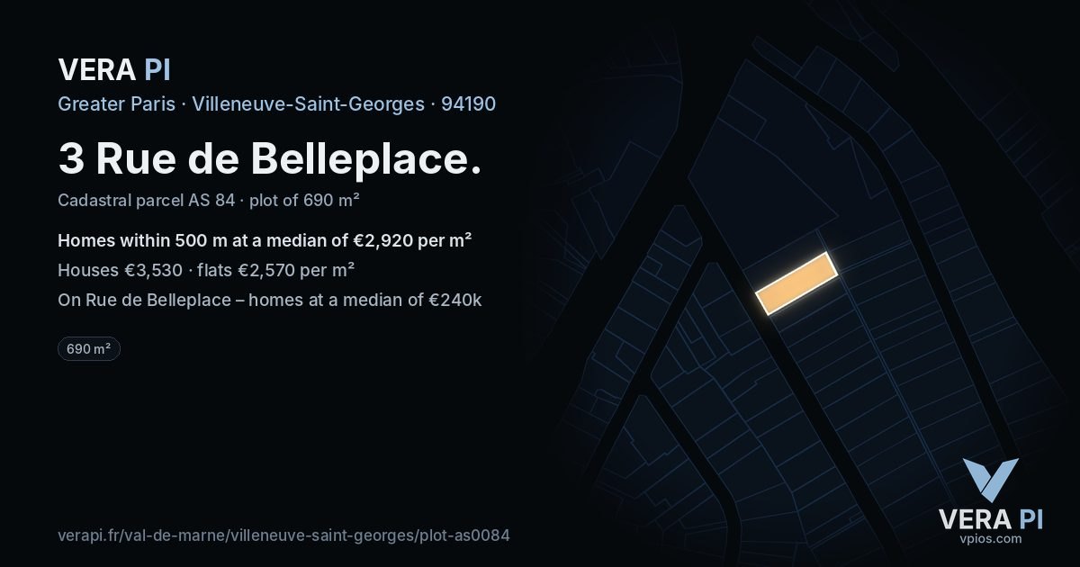 3 Rue de Belleplace, Villeneuve-Saint-Georges at night – the plot lit, the parcels around coloured by the prices near them