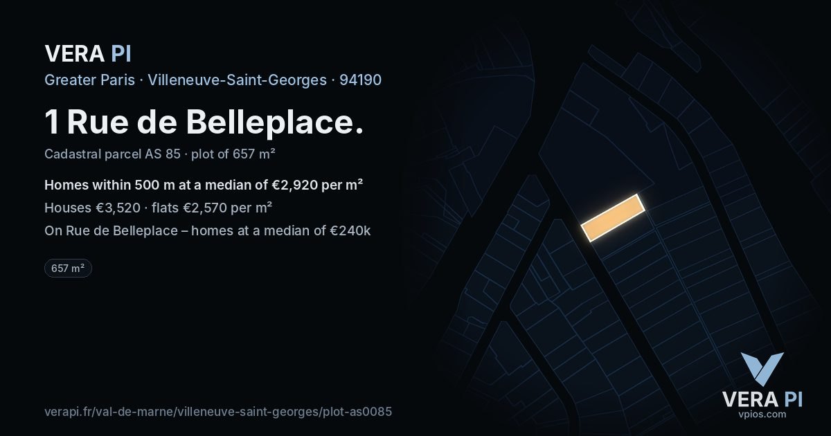 1 Rue de Belleplace, Villeneuve-Saint-Georges at night – the plot lit, the parcels around coloured by the prices near them