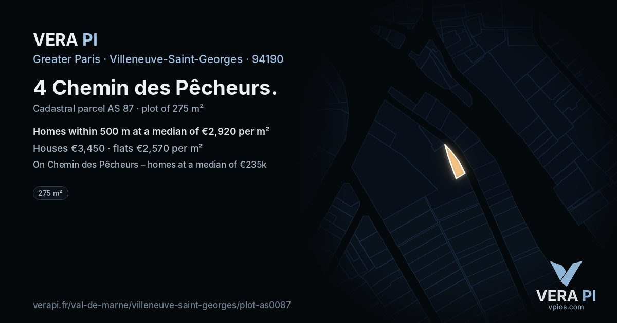 4 Chemin des Pêcheurs, Villeneuve-Saint-Georges at night – the plot lit, the parcels around coloured by the prices near them