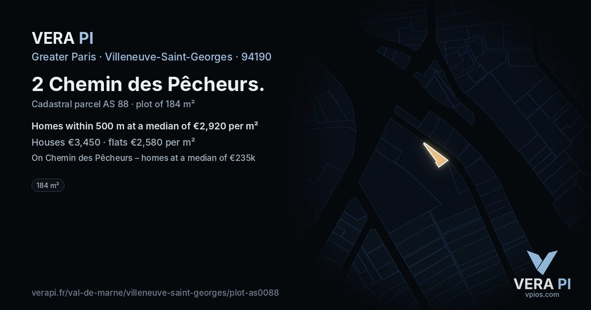 2 Chemin des Pêcheurs, Villeneuve-Saint-Georges at night – the plot lit, the parcels around coloured by the prices near them