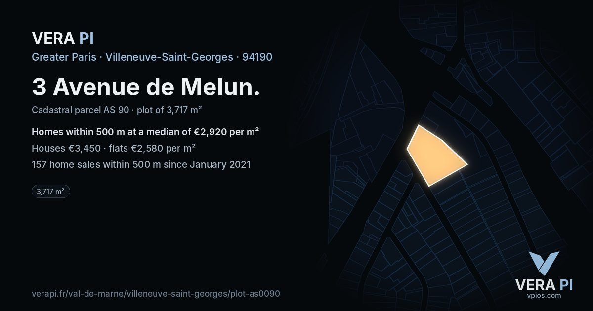 3 Avenue de Melun, Villeneuve-Saint-Georges at night – the plot lit, the parcels around coloured by the prices near them