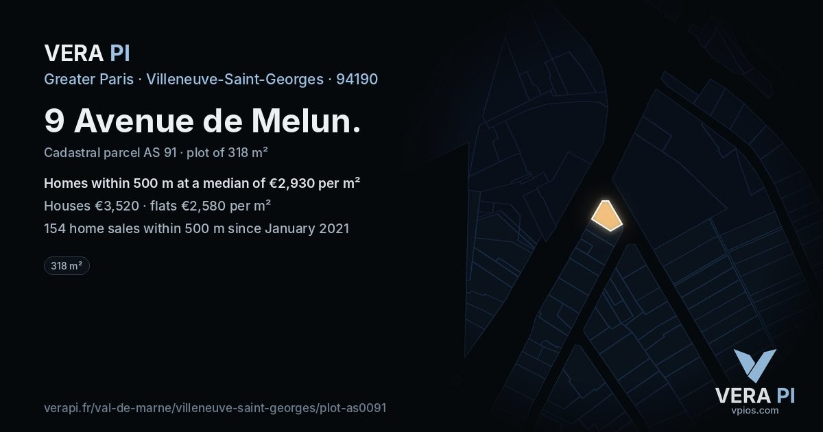 9 Avenue de Melun, Villeneuve-Saint-Georges at night – the plot lit, the parcels around coloured by the prices near them