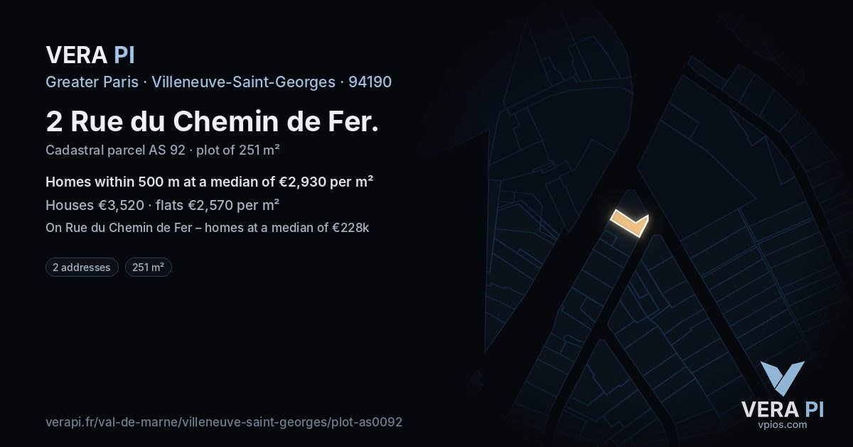 2 Rue du Chemin de Fer, Villeneuve-Saint-Georges at night – the plot lit, the parcels around coloured by the prices near them