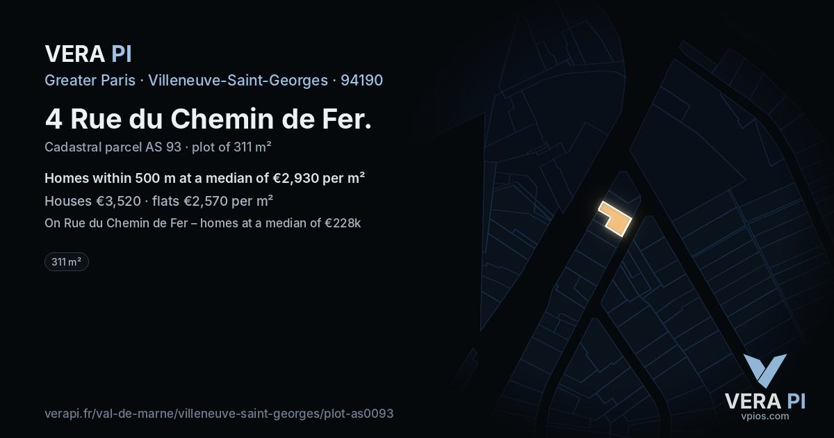 4 Rue du Chemin de Fer, Villeneuve-Saint-Georges at night – the plot lit, the parcels around coloured by the prices near them