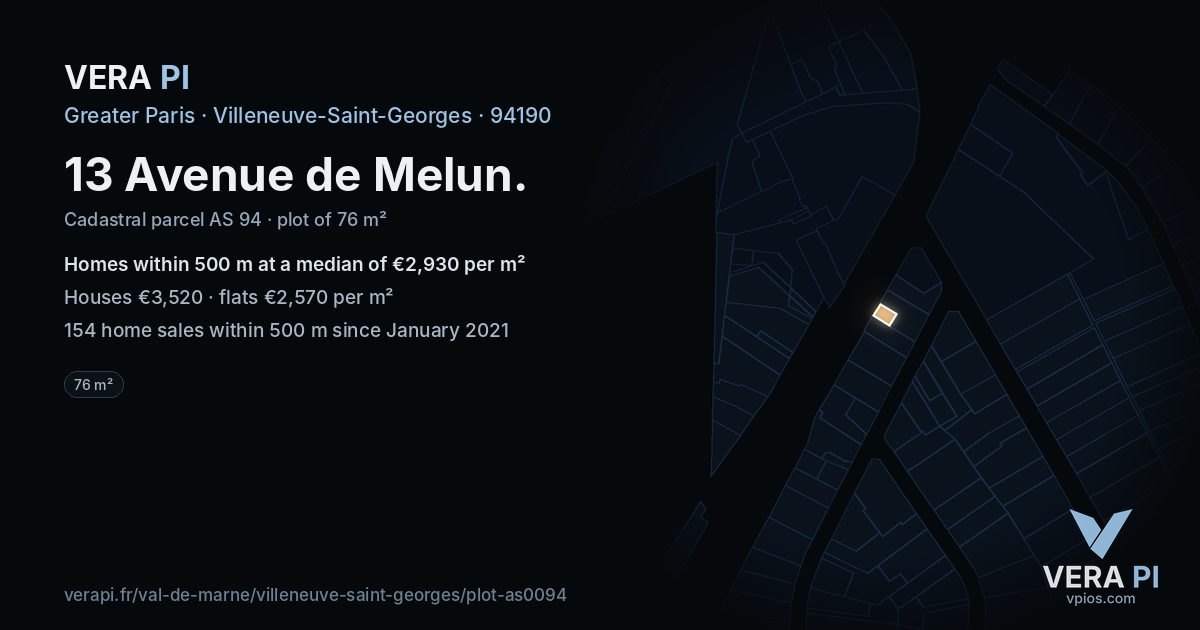 13 Avenue de Melun, Villeneuve-Saint-Georges at night – the plot lit, the parcels around coloured by the prices near them