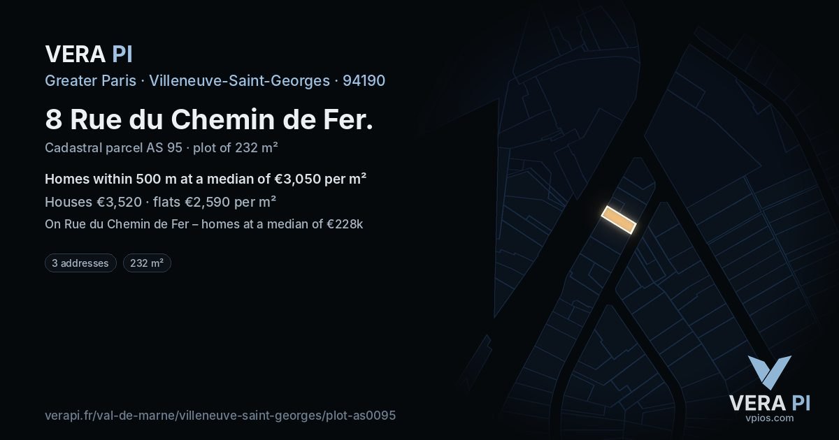 8 Rue du Chemin de Fer, Villeneuve-Saint-Georges at night – the plot lit, the parcels around coloured by the prices near them