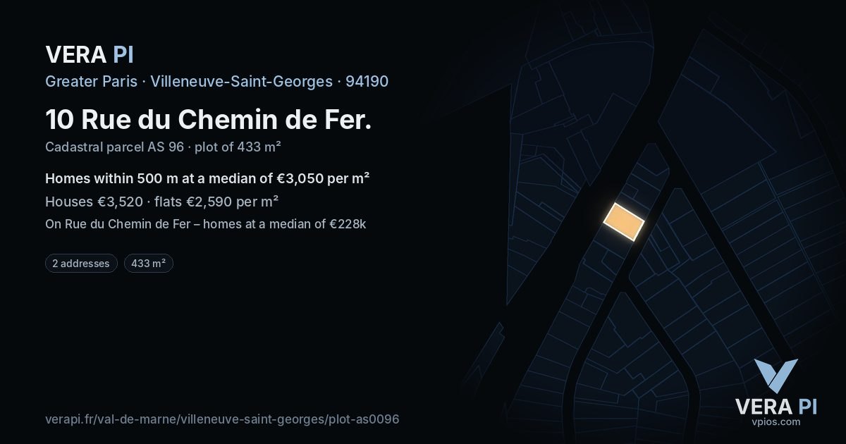 10 Rue du Chemin de Fer, Villeneuve-Saint-Georges at night – the plot lit, the parcels around coloured by the prices near them