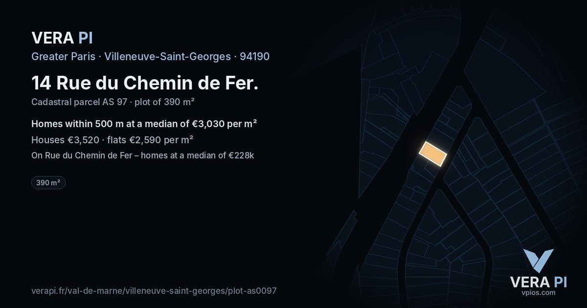14 Rue du Chemin de Fer, Villeneuve-Saint-Georges at night – the plot lit, the parcels around coloured by the prices near them