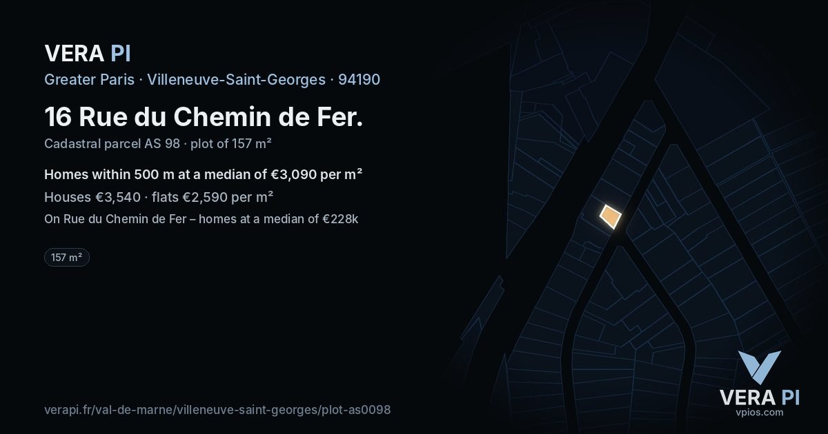 16 Rue du Chemin de Fer, Villeneuve-Saint-Georges at night – the plot lit, the parcels around coloured by the prices near them