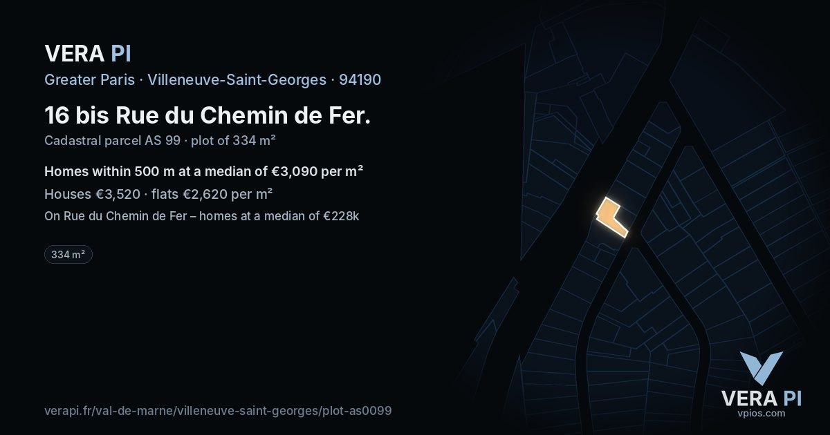 16 bis Rue du Chemin de Fer, Villeneuve-Saint-Georges at night – the plot lit, the parcels around coloured by the prices near them