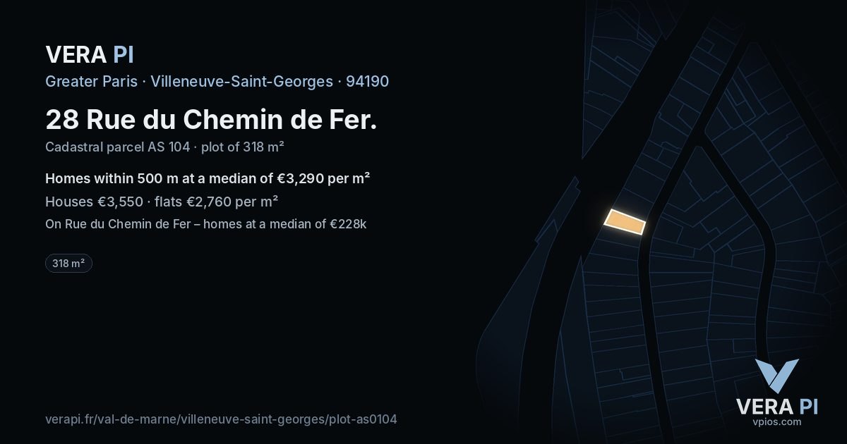 28 Rue du Chemin de Fer, Villeneuve-Saint-Georges at night – the plot lit, the parcels around coloured by the prices near them