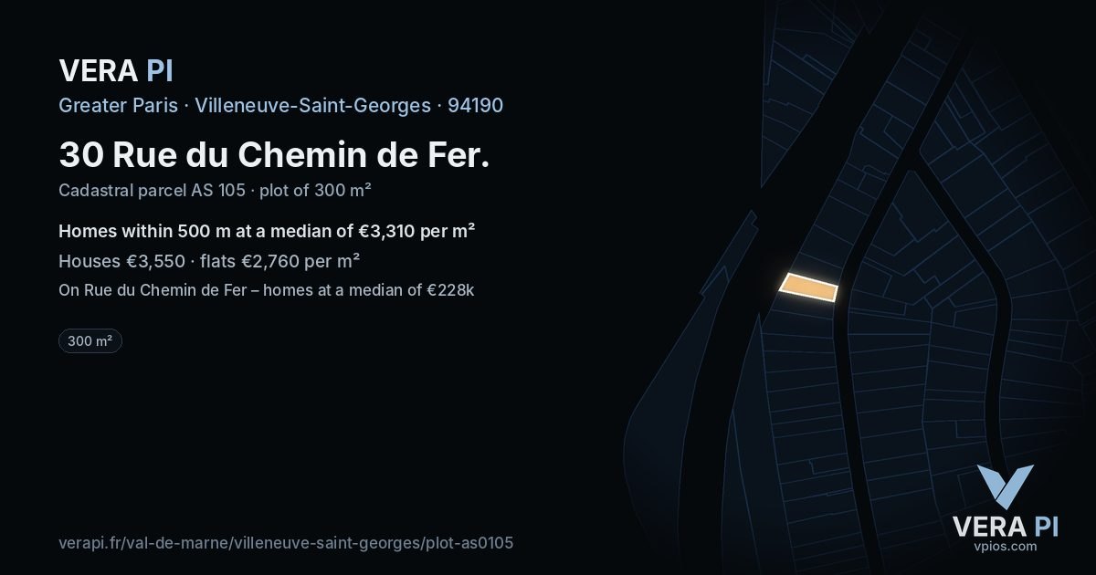 30 Rue du Chemin de Fer, Villeneuve-Saint-Georges at night – the plot lit, the parcels around coloured by the prices near them