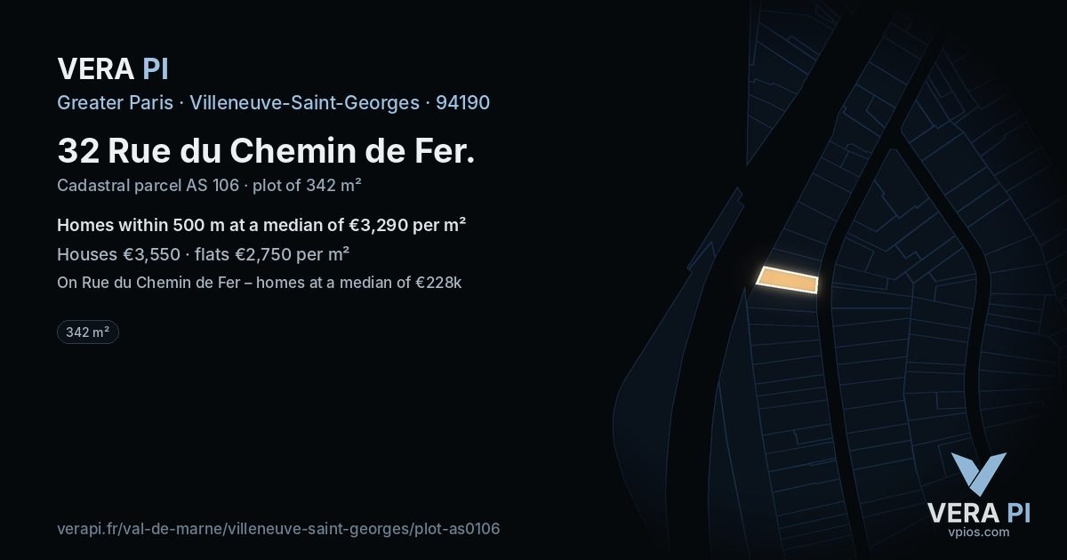 32 Rue du Chemin de Fer, Villeneuve-Saint-Georges at night – the plot lit, the parcels around coloured by the prices near them