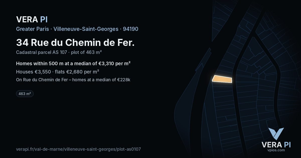 34 Rue du Chemin de Fer, Villeneuve-Saint-Georges at night – the plot lit, the parcels around coloured by the prices near them