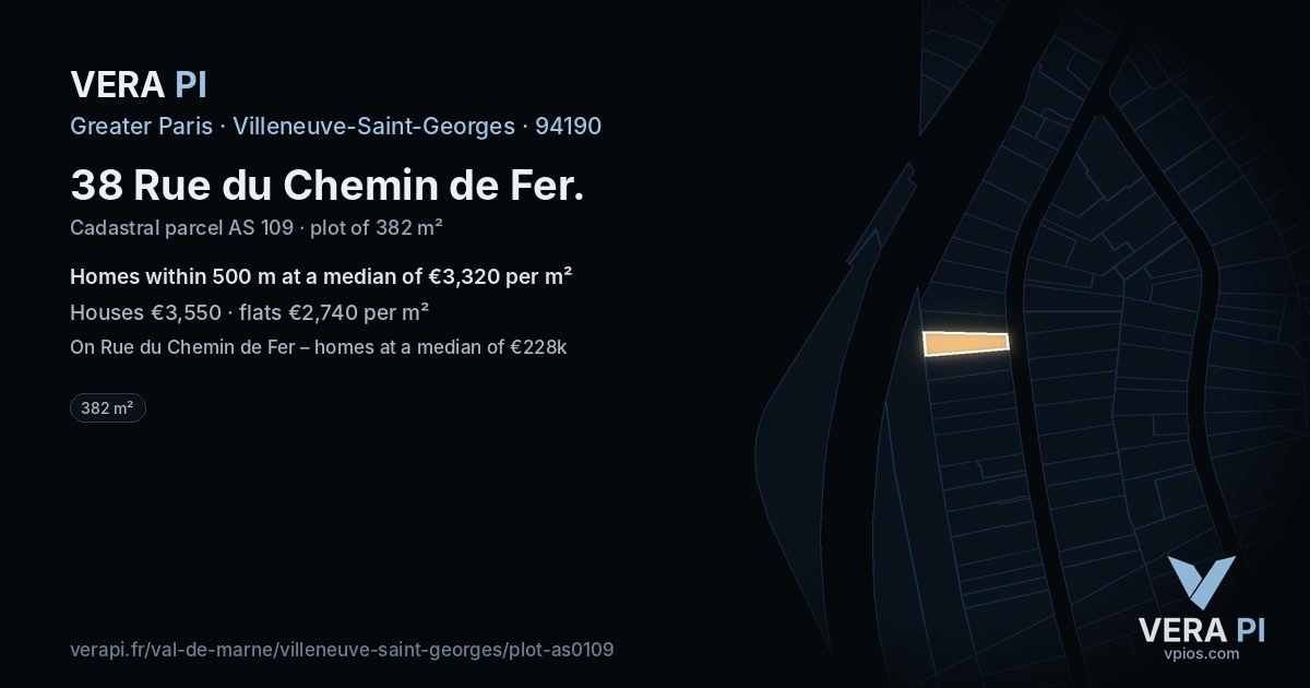 38 Rue du Chemin de Fer, Villeneuve-Saint-Georges at night – the plot lit, the parcels around coloured by the prices near them
