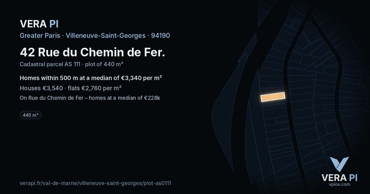 42 Rue du Chemin de Fer, Villeneuve-Saint-Georges at night – the plot lit, the parcels around coloured by the prices near them