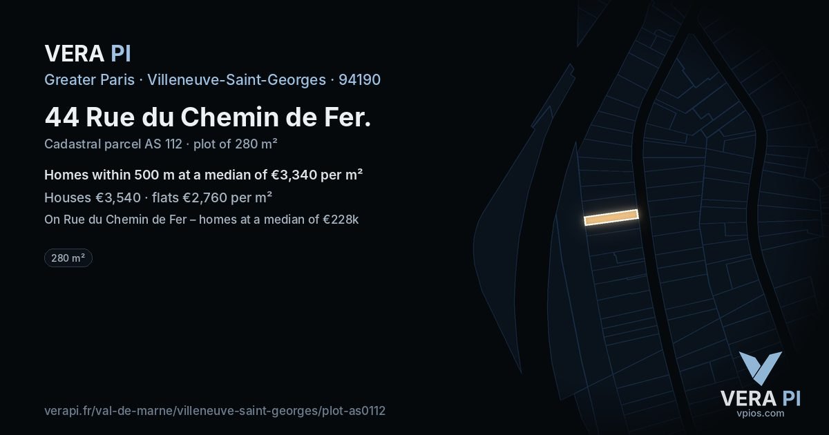 44 Rue du Chemin de Fer, Villeneuve-Saint-Georges at night – the plot lit, the parcels around coloured by the prices near them