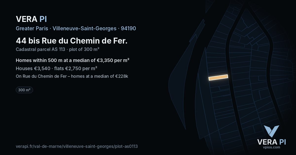 44 bis Rue du Chemin de Fer, Villeneuve-Saint-Georges at night – the plot lit, the parcels around coloured by the prices near them
