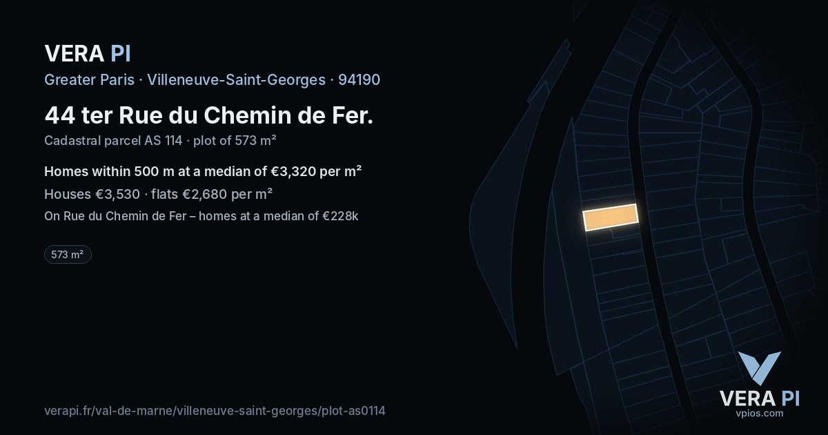 44 ter Rue du Chemin de Fer, Villeneuve-Saint-Georges at night – the plot lit, the parcels around coloured by the prices near them