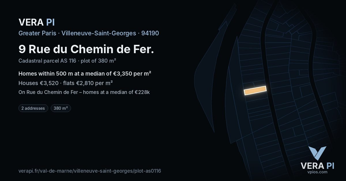 9 Rue du Chemin de Fer, Villeneuve-Saint-Georges at night – the plot lit, the parcels around coloured by the prices near them